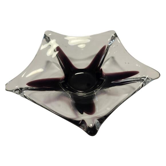 Murano Art Glass Star Form Bowl, Clear with Amethyst, 11" Wide. Pontil - Picture 4 of 10